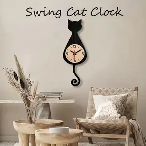 2D Cat Swing Wall Clock, Wooden Decor, Silent Battery-Powered, Ideal for Living Room, Bedroom, Office, Kitchen, Bathroom, Birthday Gift