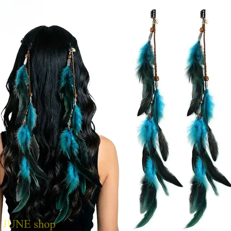 2 Pack Bohemian Feather Hair Barrettes, Retro Ethnic Wooden Bead Tassel Hair Clips, Hippie Long Pendant Hair Pins for Beach Vacation Music Festival Cosplay Daily Outfit Decor
