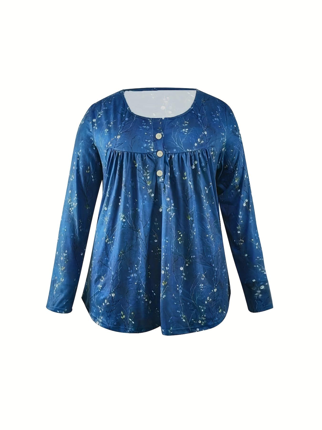 Plus Size Casual T-shirt, Women's Plus Floral Print Button Up Ruched Long Sleeve V Neck Medium Stretch T-shirt