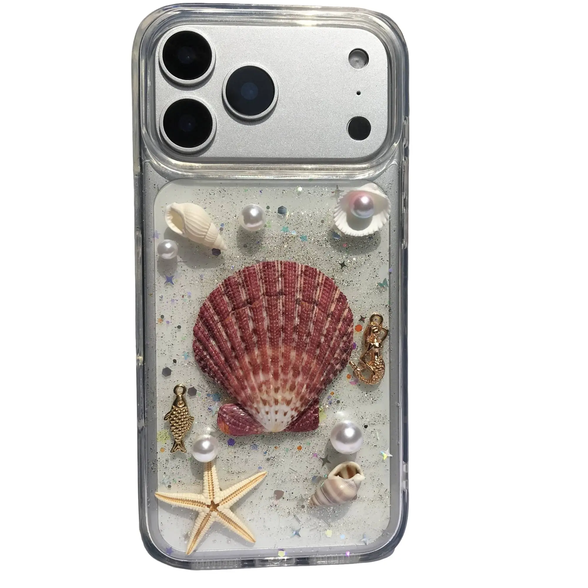 Handmade Phone Case for iPhone 16 15 14 13 12 Pro Max, Natural Oil Painting Shell Beach Starfish Seashell Decorative Fashion Phone Case