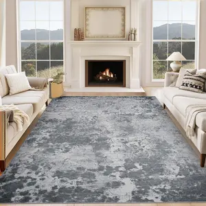 Modern Abstract Washable Area Rug – Soft Low Pile, Non-Slip, blemish Resistant – Large Neutral Blue Gray Carpet for Living Room, Bedroom, Dining Room, Home Office