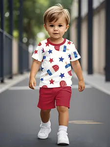 Popsicle-Print Boys' Short-Sleeve Round-Neck T-Shirt and Shorts Set, 3D Digital Print, Summer Outfit for Infants and Toddlers, Trendy and Cool Set for Boys, Perfect for Holidays and Birthdays