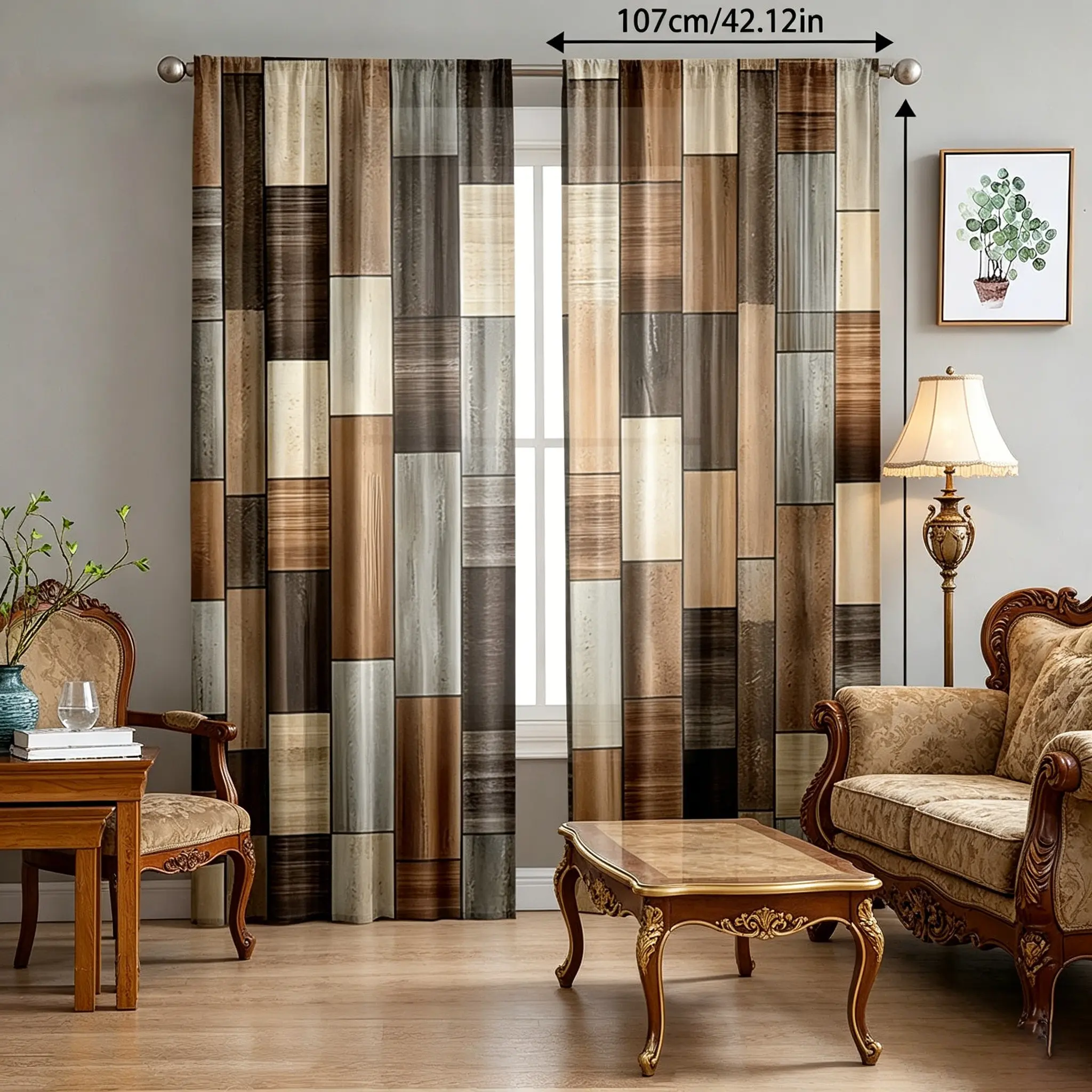 Vintage wood grain semi-opaque curtains, home decorative curtain, Home Decoration Curtain, Art Style Curtains, French window style, two-piece set for living room and bedroom, made of polyester fabric, suitable for all seasons, ready made curtains