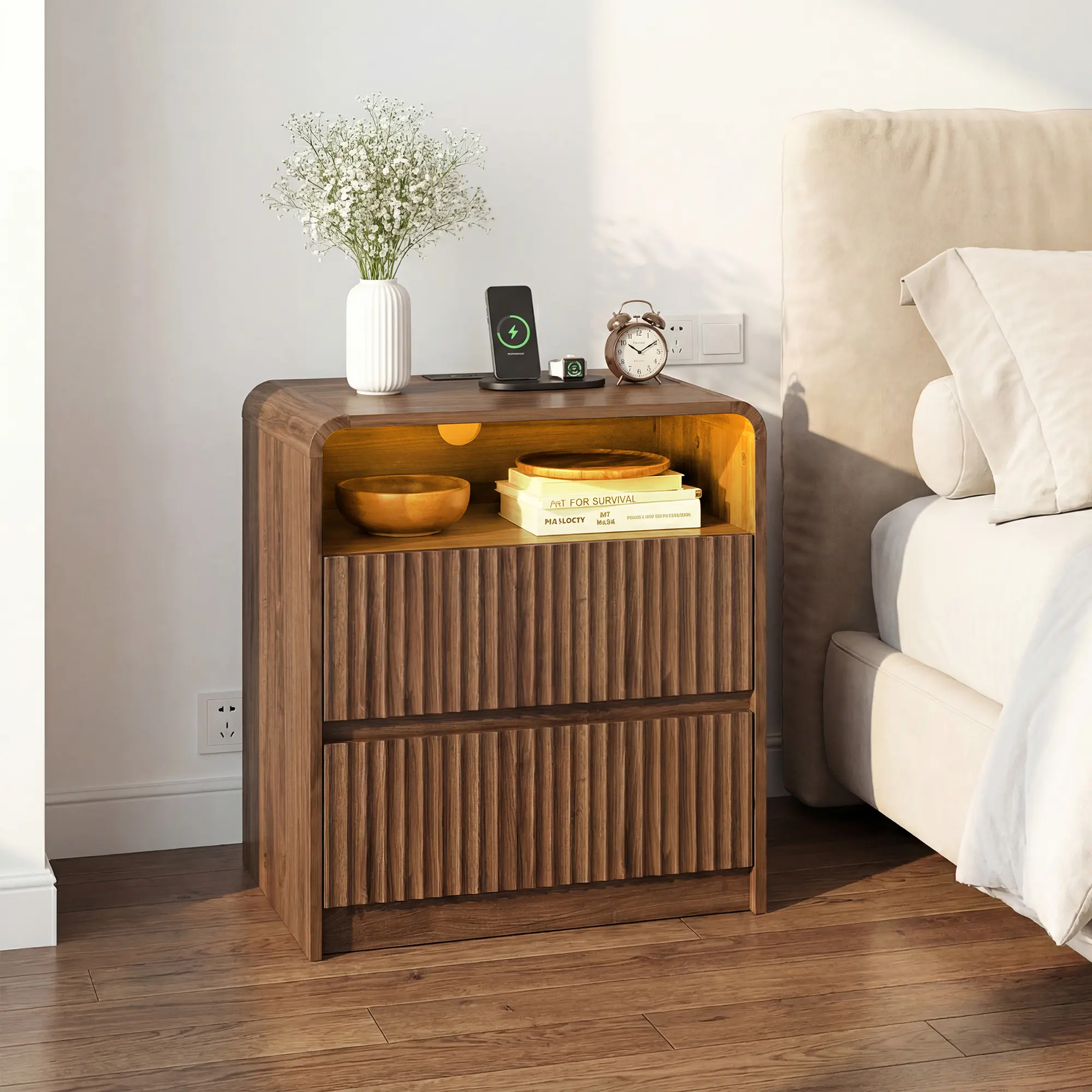 Claiks Minimalist 24" Fluted Nightstand with Charging Station & LED Light, 23.62x15.5" Wooden Bedside Table with Curved Profile, 2 Drawers, Anti-Tip Base & Charging Ports, Natural, Set of 1