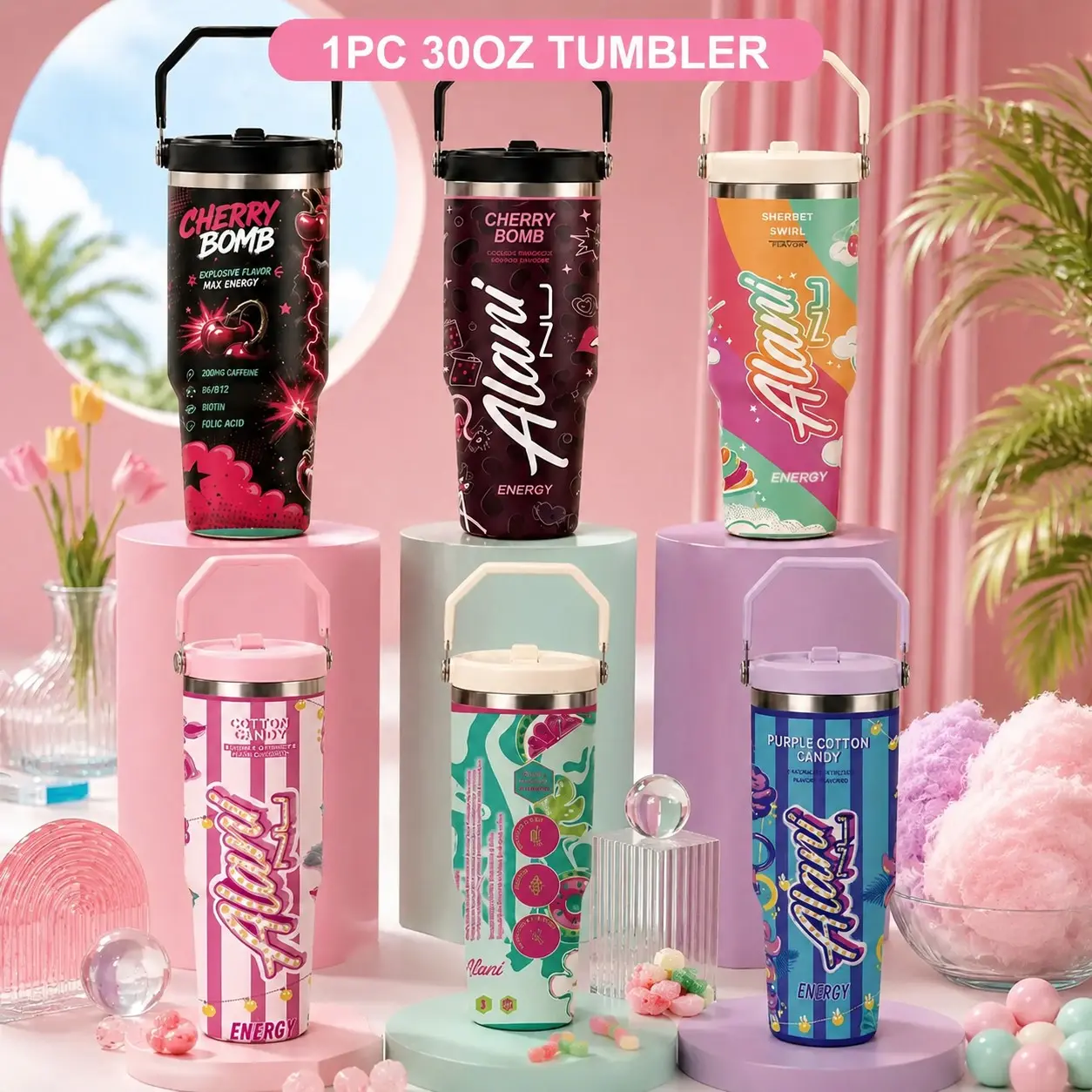30oz Candy Energy Drink Tumbler, Cute Aesthetic Insulated Tumbler with Handle & Leakproof Lid, Colorful Sweet Drink Cup for Girls, Back to School Essentials, Gym, Travel, Summer, Gift for Her, Trendy Drinkware