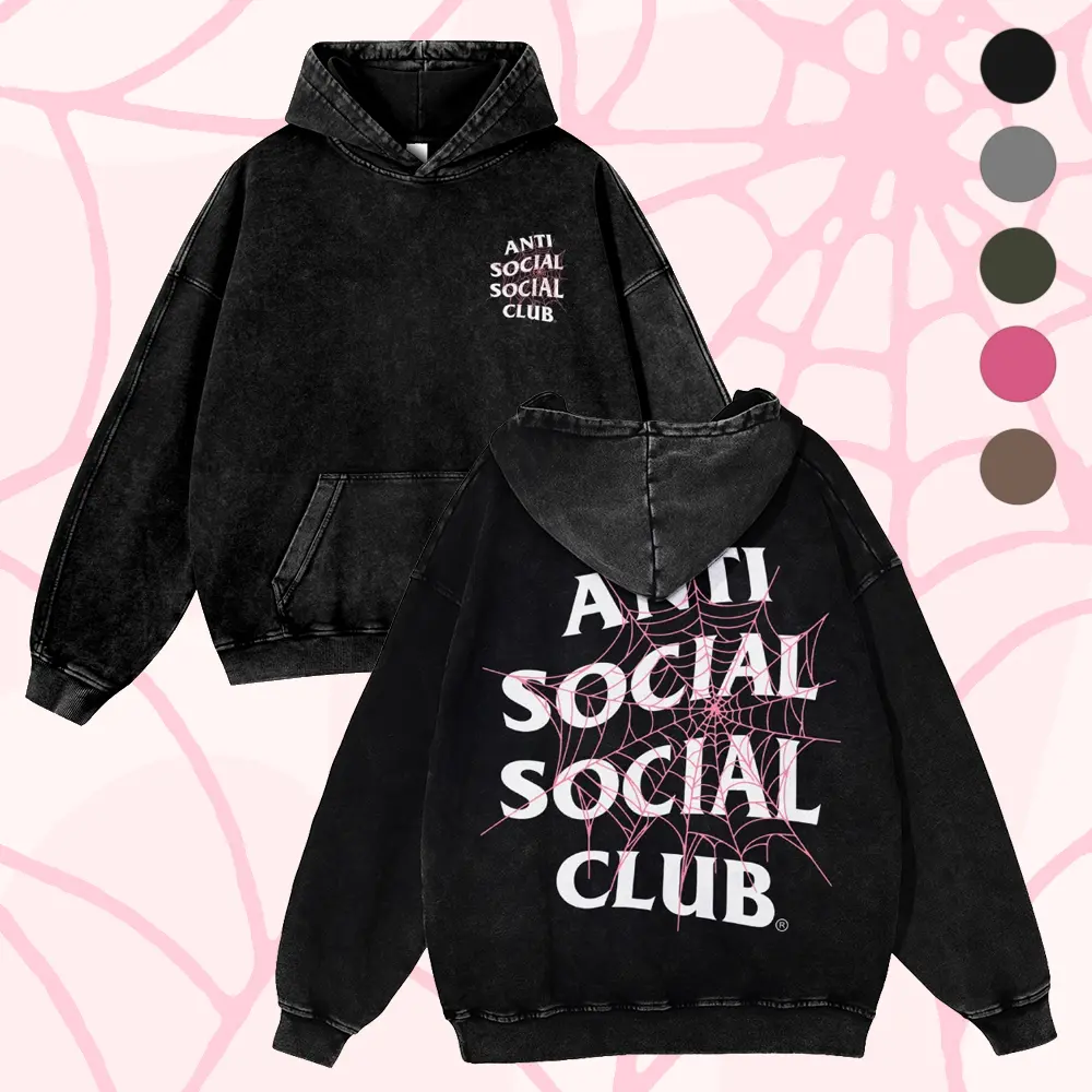 [ DTG Print ] "Anti Social Social Club"Pink Spiderweb Overlay Pattern Front&Back Print Y2K Style 380g Autumn VIntage Washed Hoodie Graphic Sweatshirt