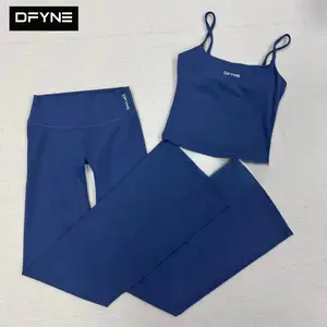 DFYNE Seamless Strappy Tank Top & Flare Leggings Set| Padded Longline Sports Bra with High Waisted Bootcut Yoga Pants 2-Piece Outfit