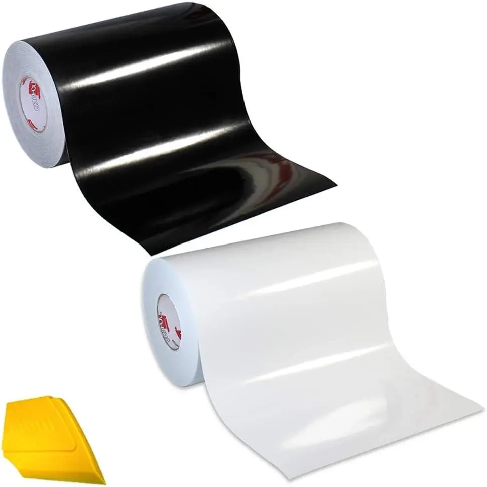 651 Modern Synthetic High-Gloss Scratch-Resistant Vinyl Wrap Starter Kit, 12"x5ft 2-Roll Bundle with Hard Yellow Detailer (Gloss Black/White)