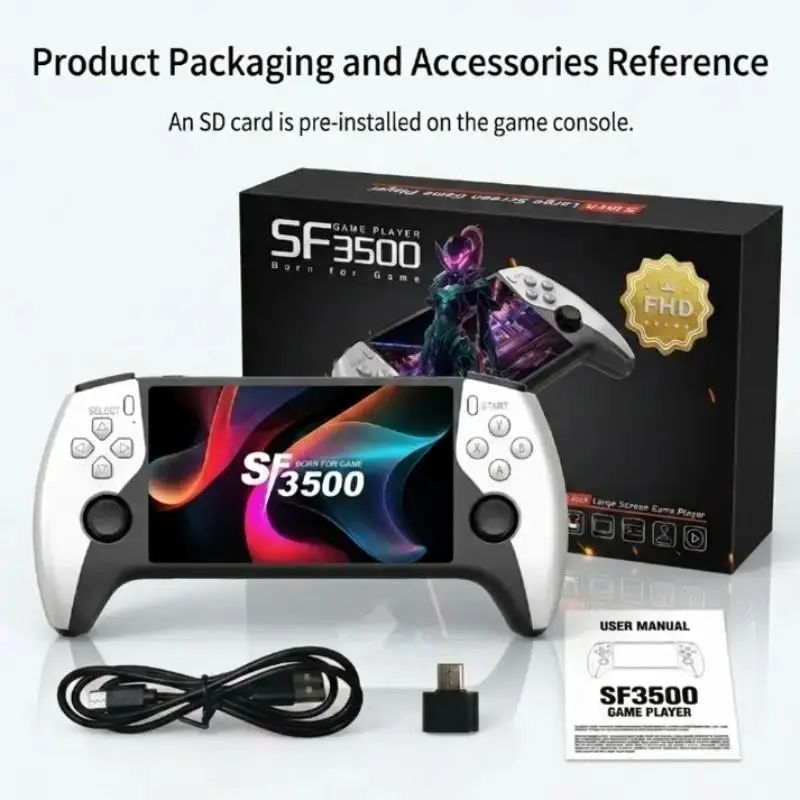 SF3500 Retro Handheld Game Console - Performance Upgrade: A handheld game console with a HD 5.5-inch IPS screen, featuring multiple games, classic video game support for TV connection, 14+ emulators, and 5-hour battery life.