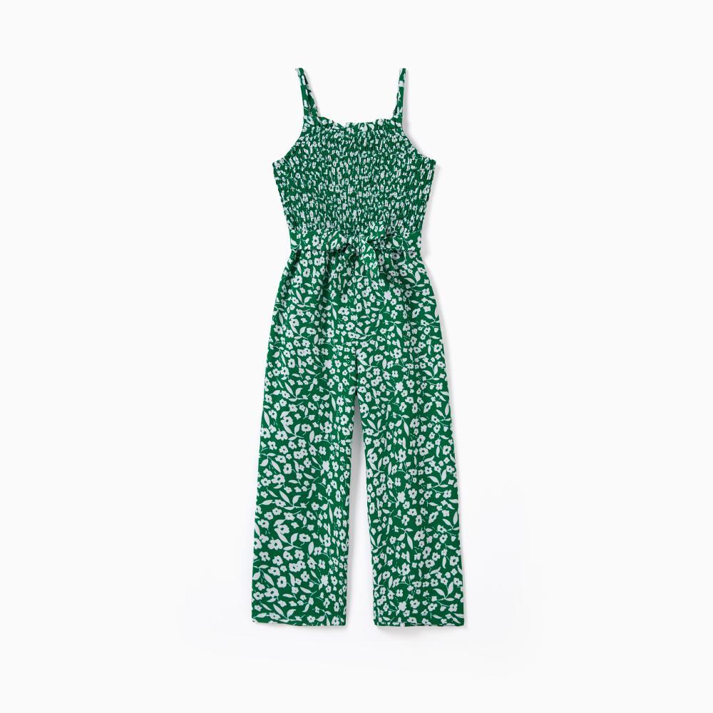 PatPat Matching Floral Print Green Smocked Strap Jumpsuits for Mommy and Me