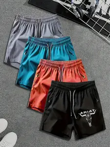 4 Pcs Retro American Style Shorts Set, Streetwear Fashion, Ariat Logo Print, Breathable Ice Feel, Unisex, Sporty Slim Fit, All Seasons