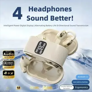 High Sound Quality Wireless Bluetooth Ear Clip Headphones 2 in 1 Couple in Ear LED Power Display Earphones for Game Sport Music