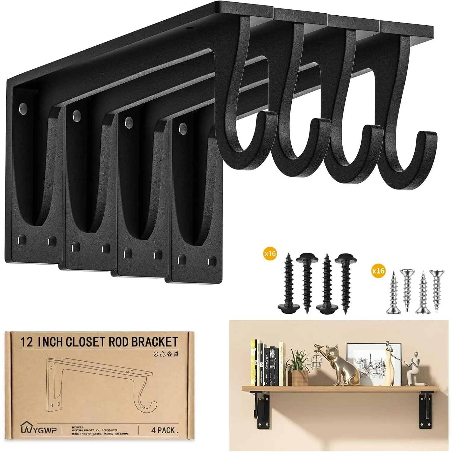 WYGWP Heavy Duty Carbon Steel L-Shaped Closet Rod Support Bracket - 400lbs Capacity, Wall Mounting Holders with Hooks, Shelf & Hanger Organiser for Home Use