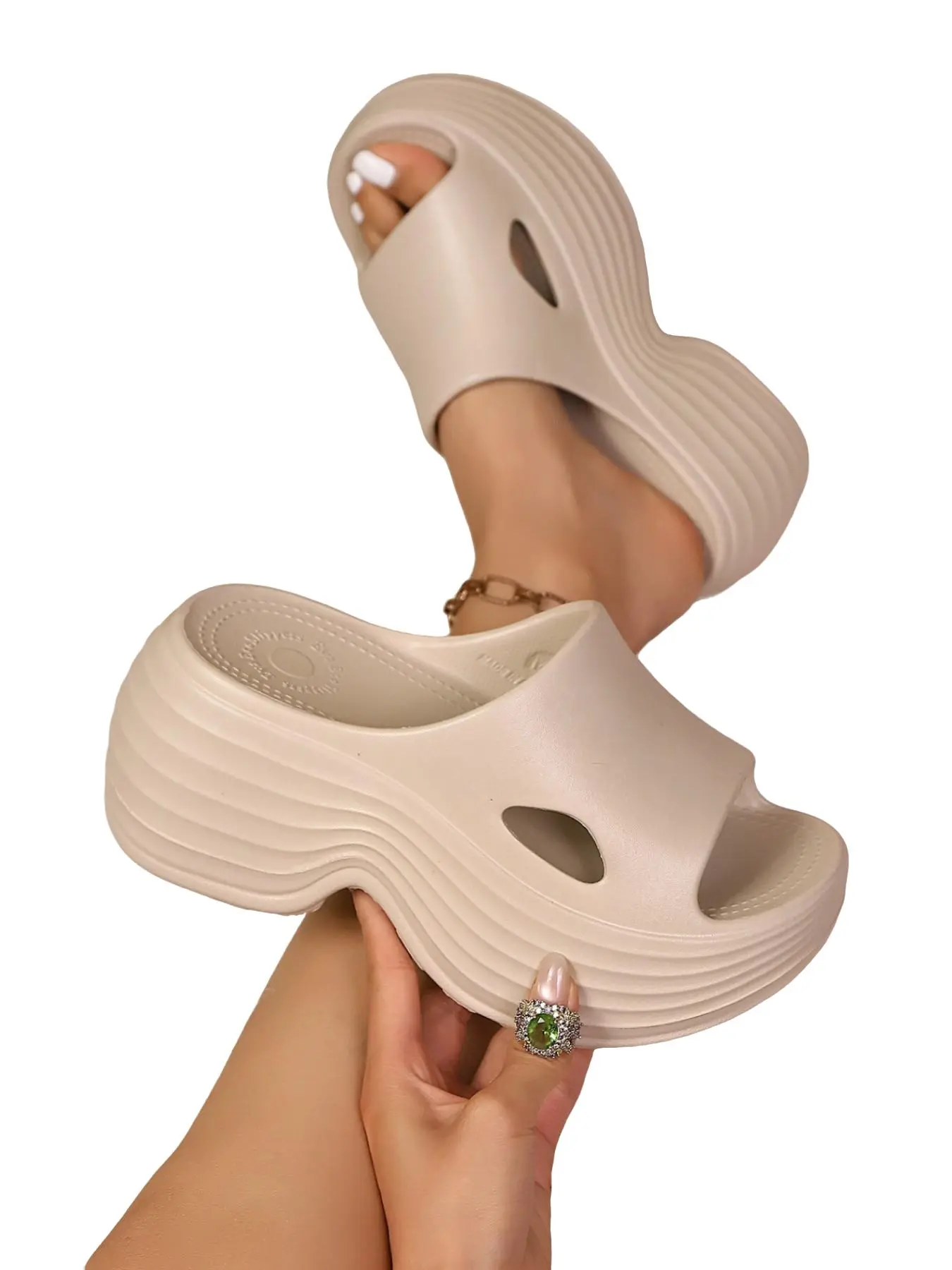 Trendy Eva Sandals, Hollow Out Wide Strap Multi-Layer Wave Heel, Lightweight Anti-Slip Shock Absorption, Versatile Women's Shoes, Casual Slipper Sandals