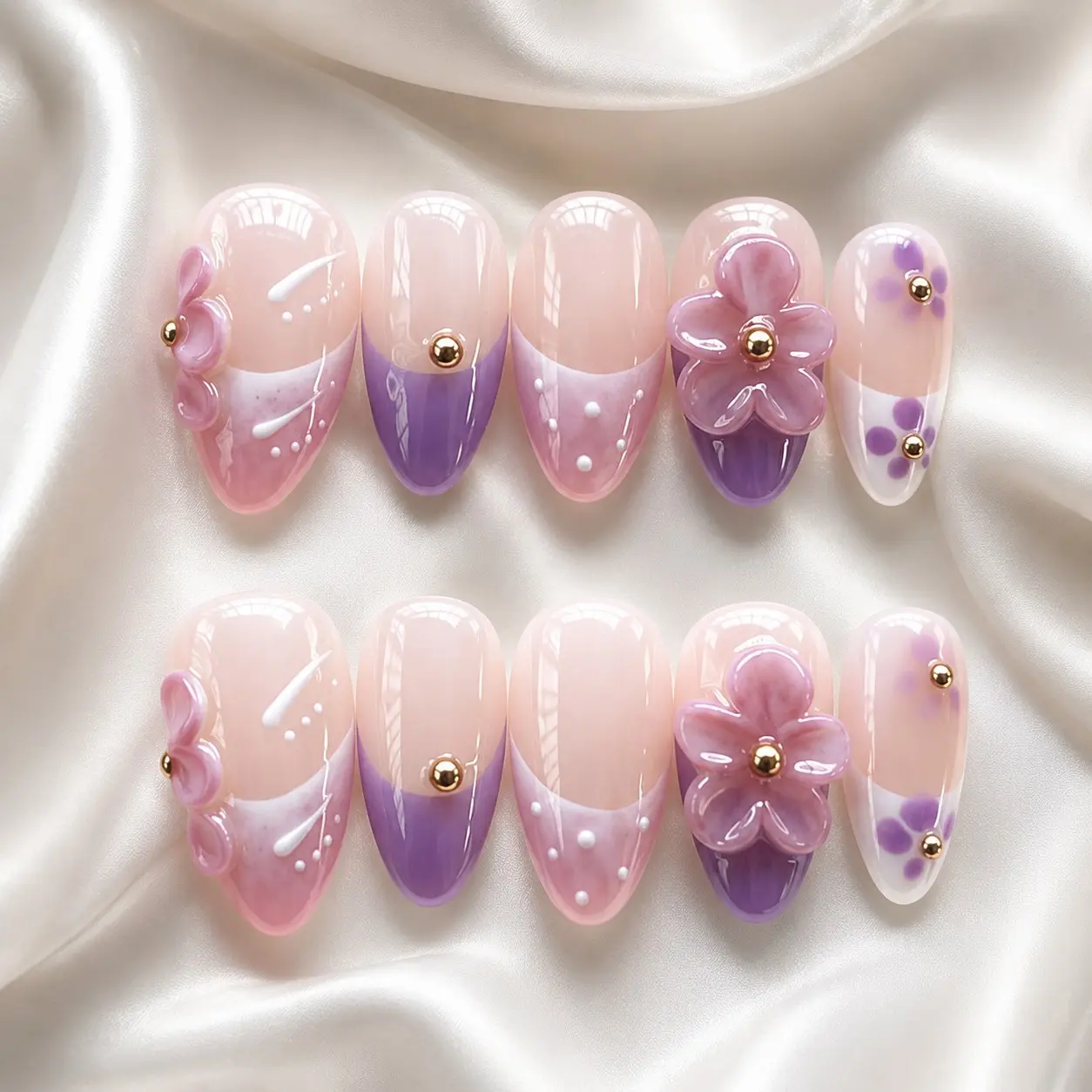 10Pcs Handmade Almond Press On Full Cover Nails | Dreamy Pink Purple Lilac Nails 3D Floral French Tip Design | Reusable Acrylic Fake Nails Set for Women | Spring Summer Daily Party Gift Glossy Manicure Long Lasting DIY Nail Art Kit