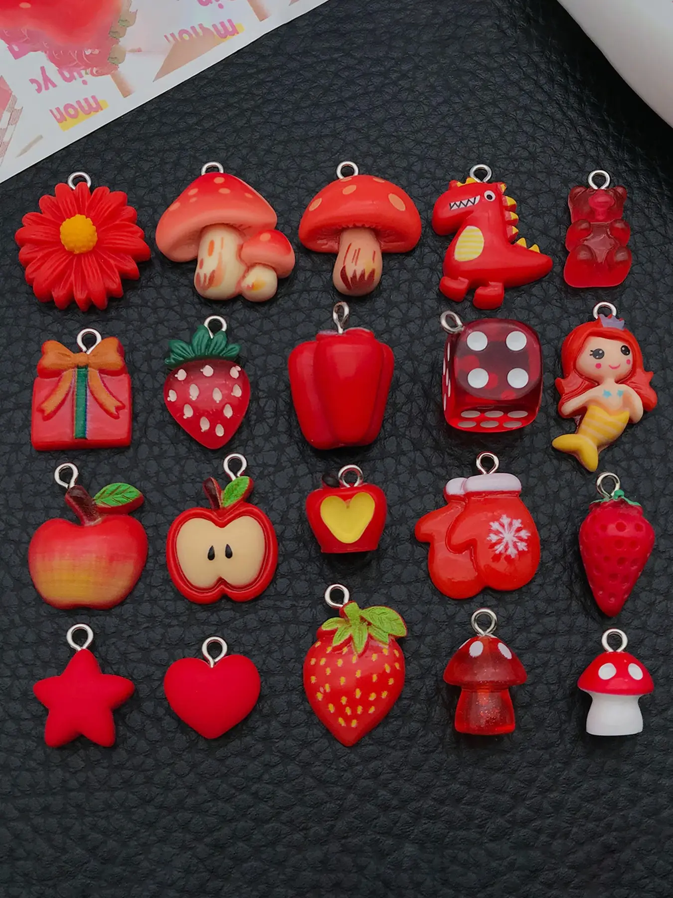 20pcs Mix Red Resin Charms Decorative Charm Cute Fruit Mermaid Mushroom Dinosaur Pendants for DIY Earrings Necklace Bag Accessories Crafts