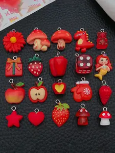 20pcs Mix Red Resin Charms Cute Fruit Mermaid Mushroom Dinosaur Pendants for DIY Earrings Necklace Bag Accessories Crafts