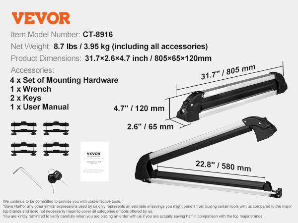 VEVOR Ski Snowboard Roof Rack 31.7" Universal Ski Rack for Car Roof with Lock