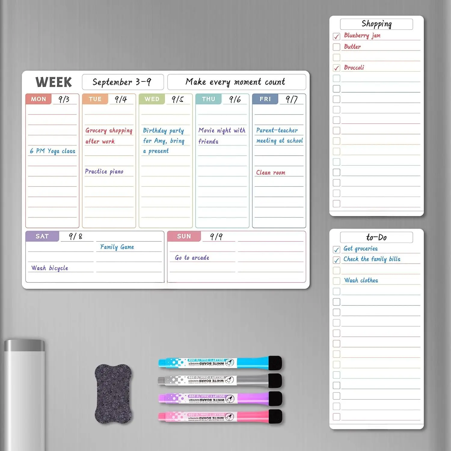 Weekly Calendar Whiteboard for Fridge, Refrigerator Dry Erase Weekly White Board, Includes  Weekly Planner for Fridge with 2 List Boards, 4 Markers + Eraser