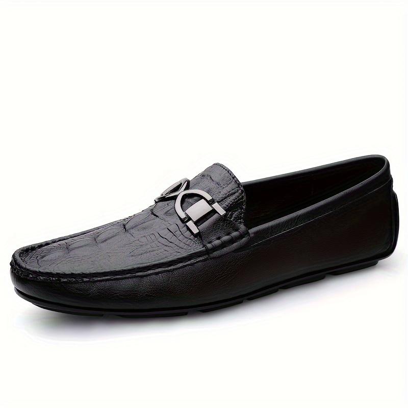 2025 Men's Genuine Leather Loafers, Casual Slip-On Crocodile Pattern Shoes, Split Cowhide Upper, Artificial Lining, Rubber Sole, Square Toe, Suitable for Daily Wear, Comfortable for All Seasons