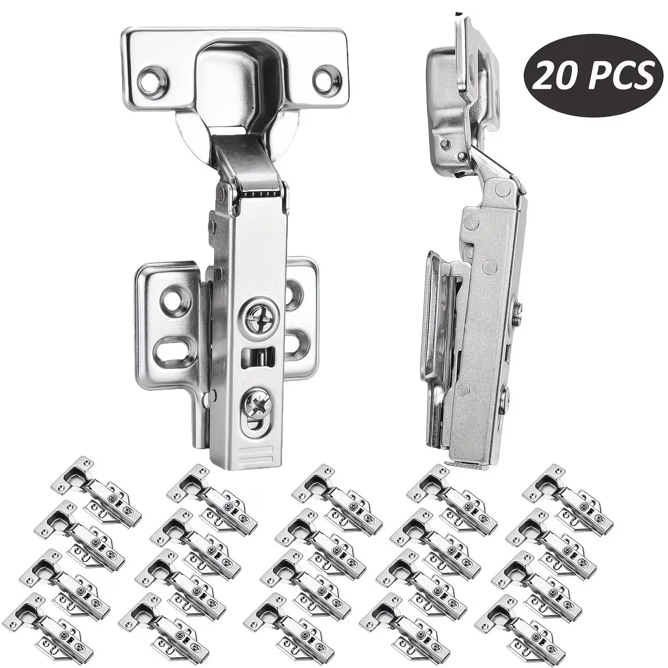 20 Sets Metal Color Fixed Hydraulic Hinges (includes 20 Hinges + 120 Screws), Dampening Silent Buffer, for Cabinet Doors & Side Panels, Cupboard Door Hinges