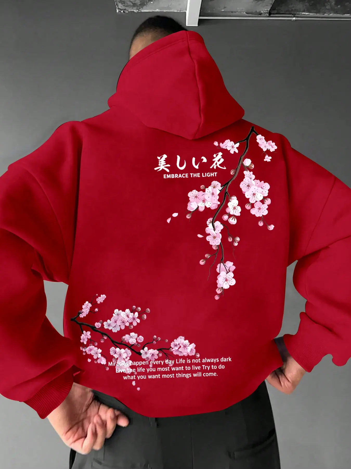 Men Oversized Drawstring Pocket Hoodie, Front Small Sakura Japanese Kanji & Back Full Cherry Blossom Inspirational Text Print Soft Loose Pullover For Japanese Aesthetic Daily Streetwear Outfit #SakuraHoodie #JapaneseGraphicHoodie #OversizedStreetwear