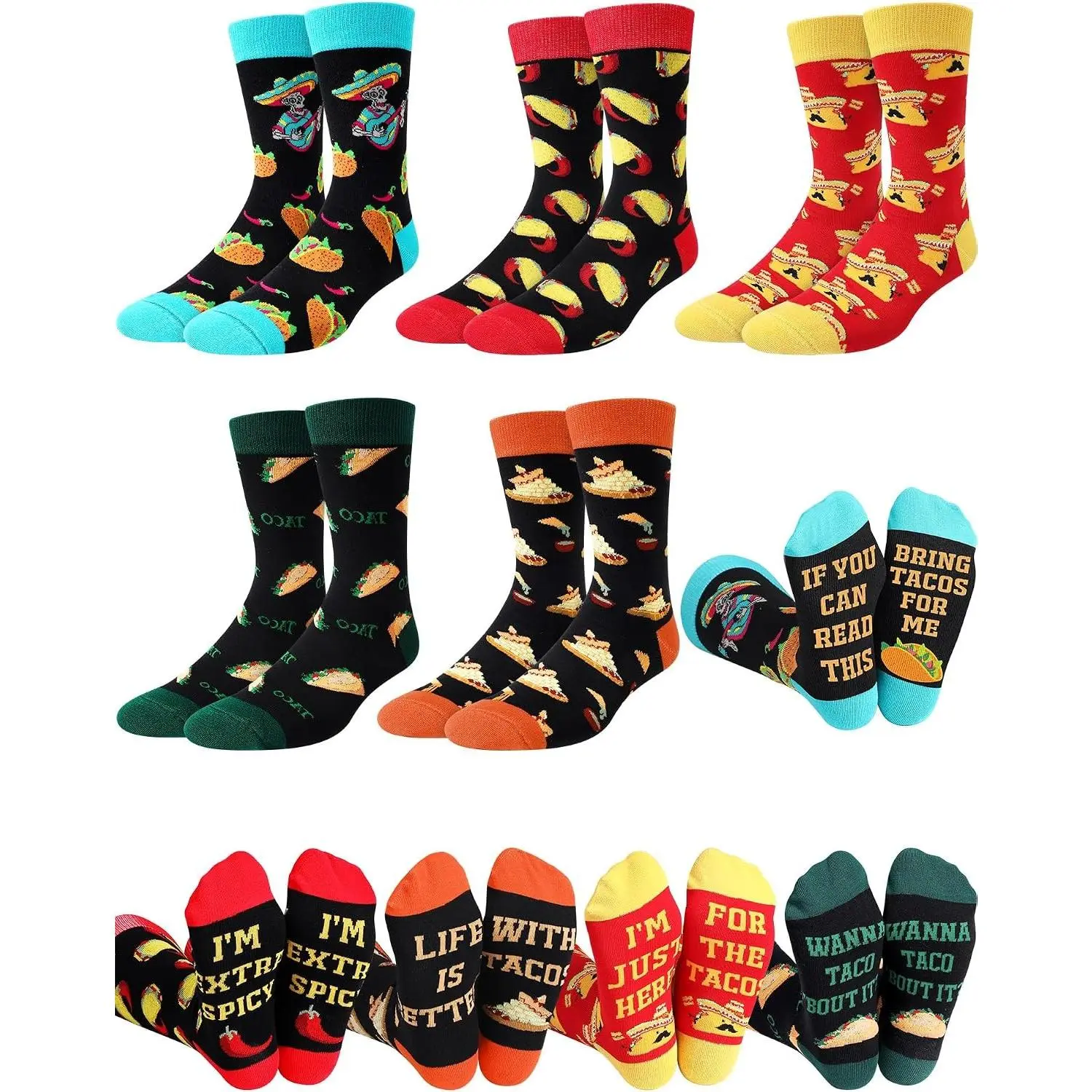 5 Pairs Funny Taco Socks for Men and Women, Novelty Mexican Food Crew Socks with Funny Sayings, Colorful Accents, Soft Cotton Knit, Perfect Gift for Food Fans, Mexican Theme Party(Gift)