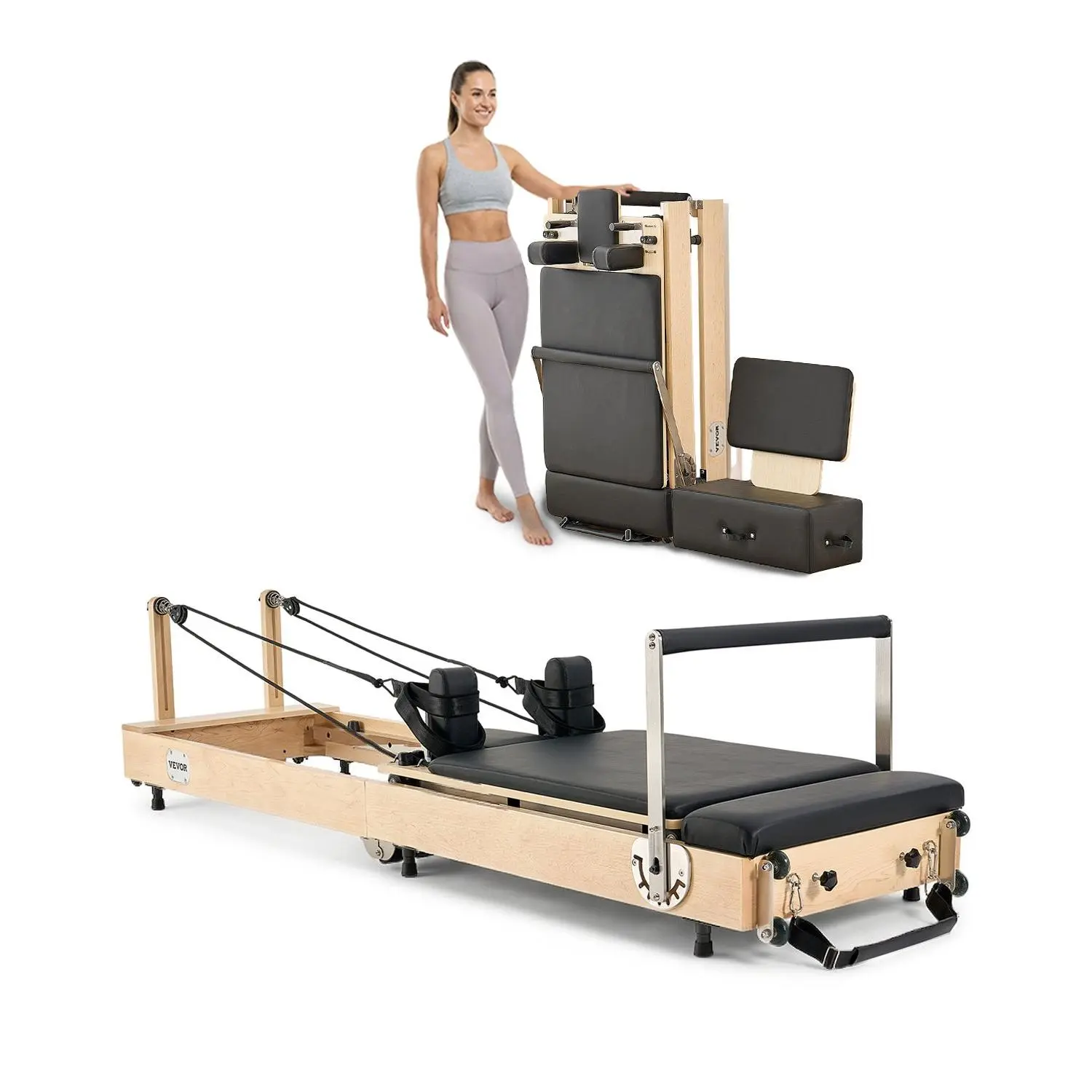 VEVOR Foldable Wood Frame Pilates Reformer, Home Gym Machine with Dual Springs, Resistance Cord, Sitting Box, 400 LBS Weight Capacity