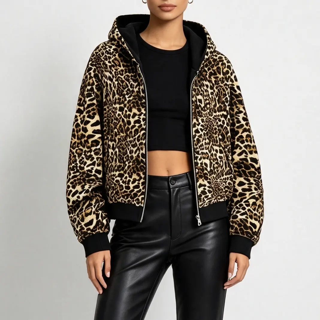 Unisex Fashion Leopard Print Zip-Up Hoodie, Reversible Two-Sided Wear; Loose Long Sleeve Outer Jacket for Fall & Winter, Retro Street Casual Trendy Top