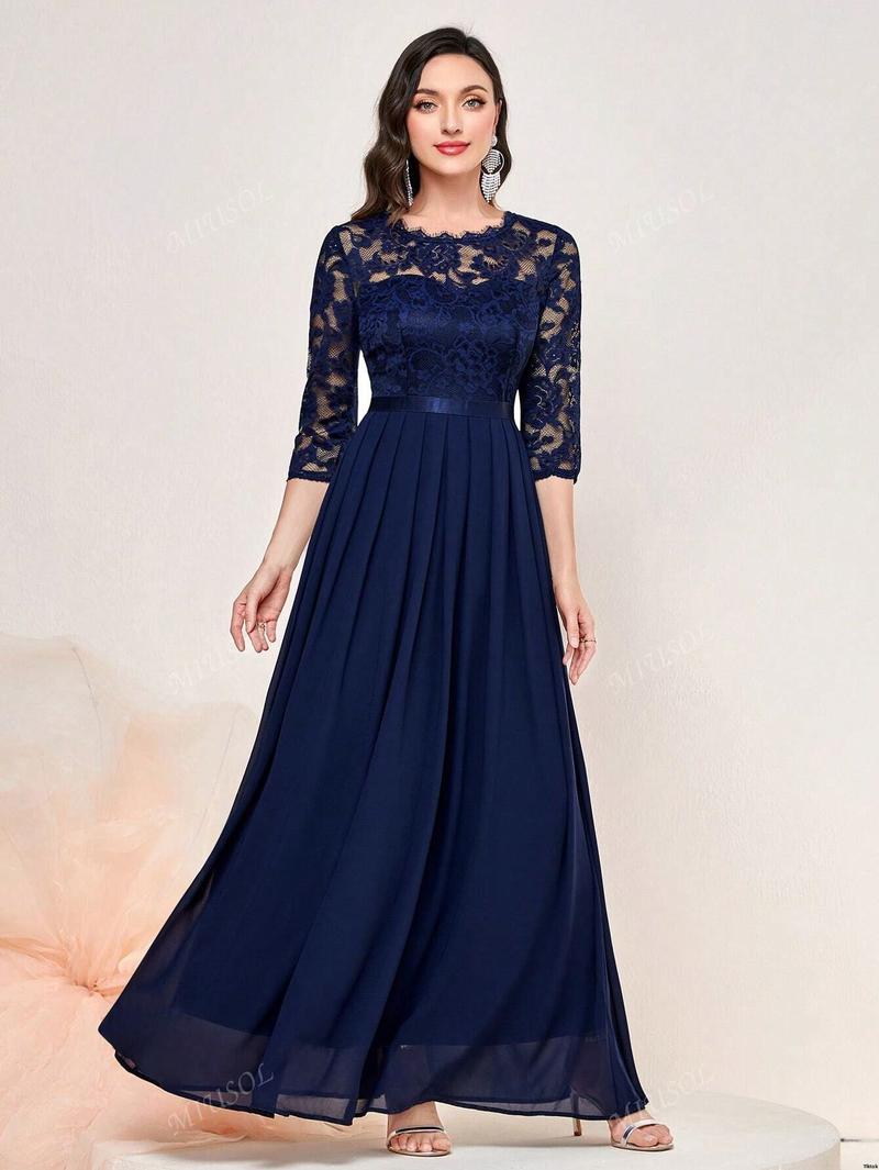Formal Hem Pleated Elegant MIUSOL Floral Lace Chiffon Party Dress