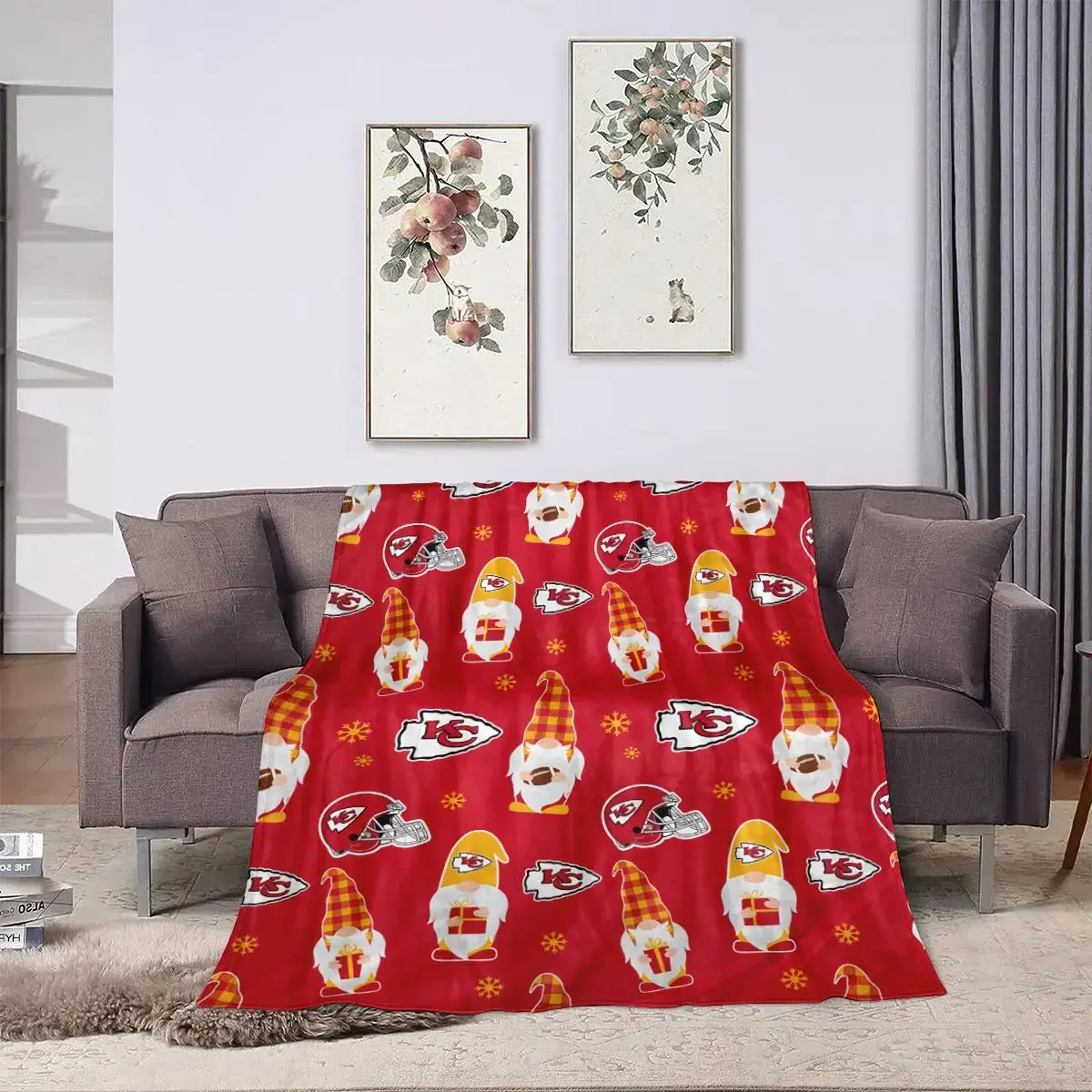 Kansas City Chiefs Christmas Gift Flannel Blanket, Cartoon Elf American Football Fan Warm Throw, Sofa Leisure Camping Thick Washable