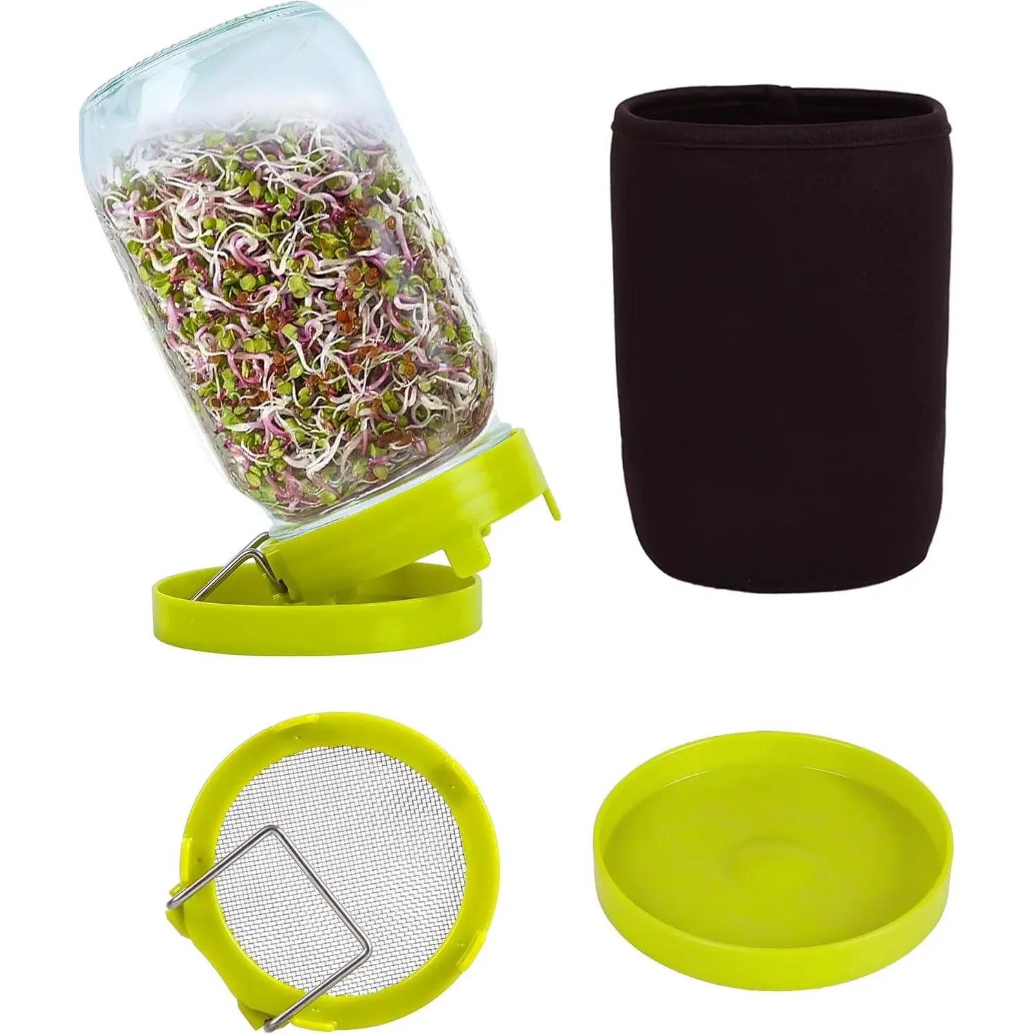 Sprouting Kit Sprouts Growing Kit 34oz Wide Mouth Seed Sprouting Jar Germination Kit 304 Stainless Screen Lid and Stand Blackout Sleeve Tray for Growing Bean Alfalfa Sprout Seeds