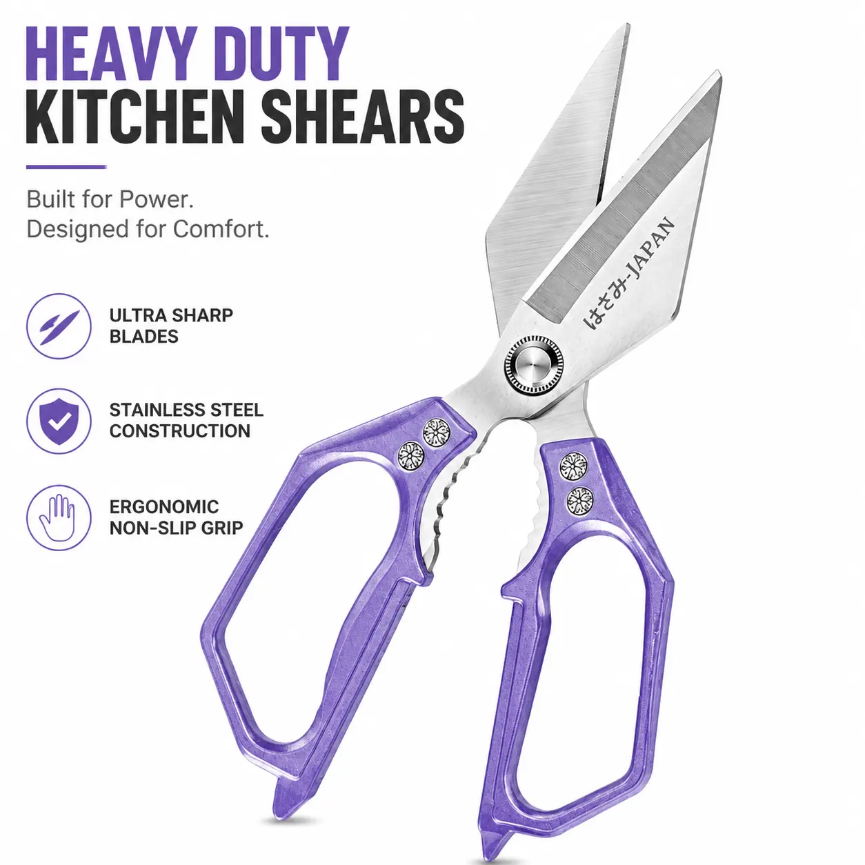 Purple Kitchen Shears - Heavy-Duty Stainless Steel Japanese-Style Poultry Scissors with Ambidextrous Grip, Ultra-Sharp for Chicken Bone, Meat, Fish Prep, Anti-Splash Design for Home Cooking, Purple Kitchen Scissors