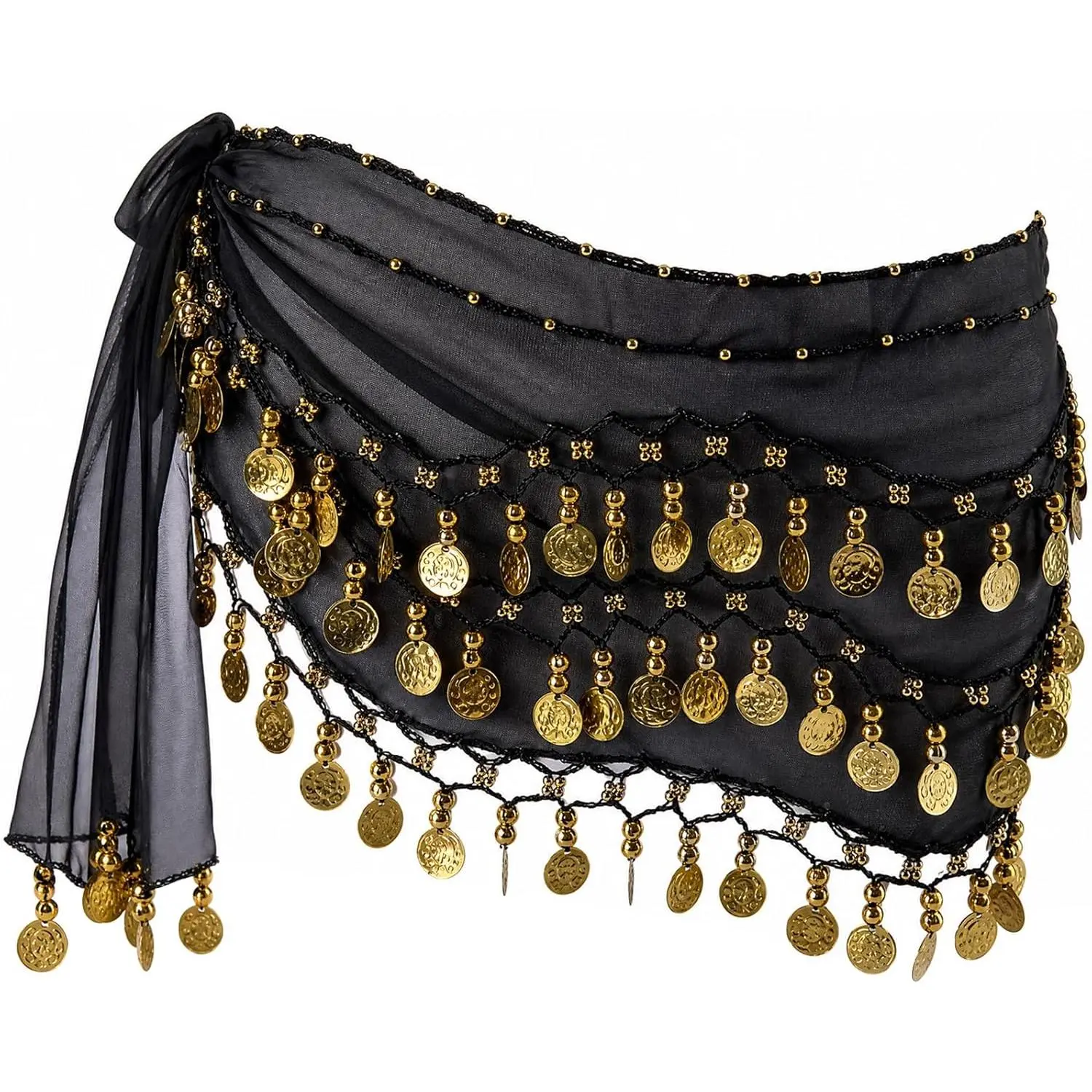 Belly Dance Hip Scarf with 128 Gold Coins, Belly Dancer Belt Scarf Skirt for Women