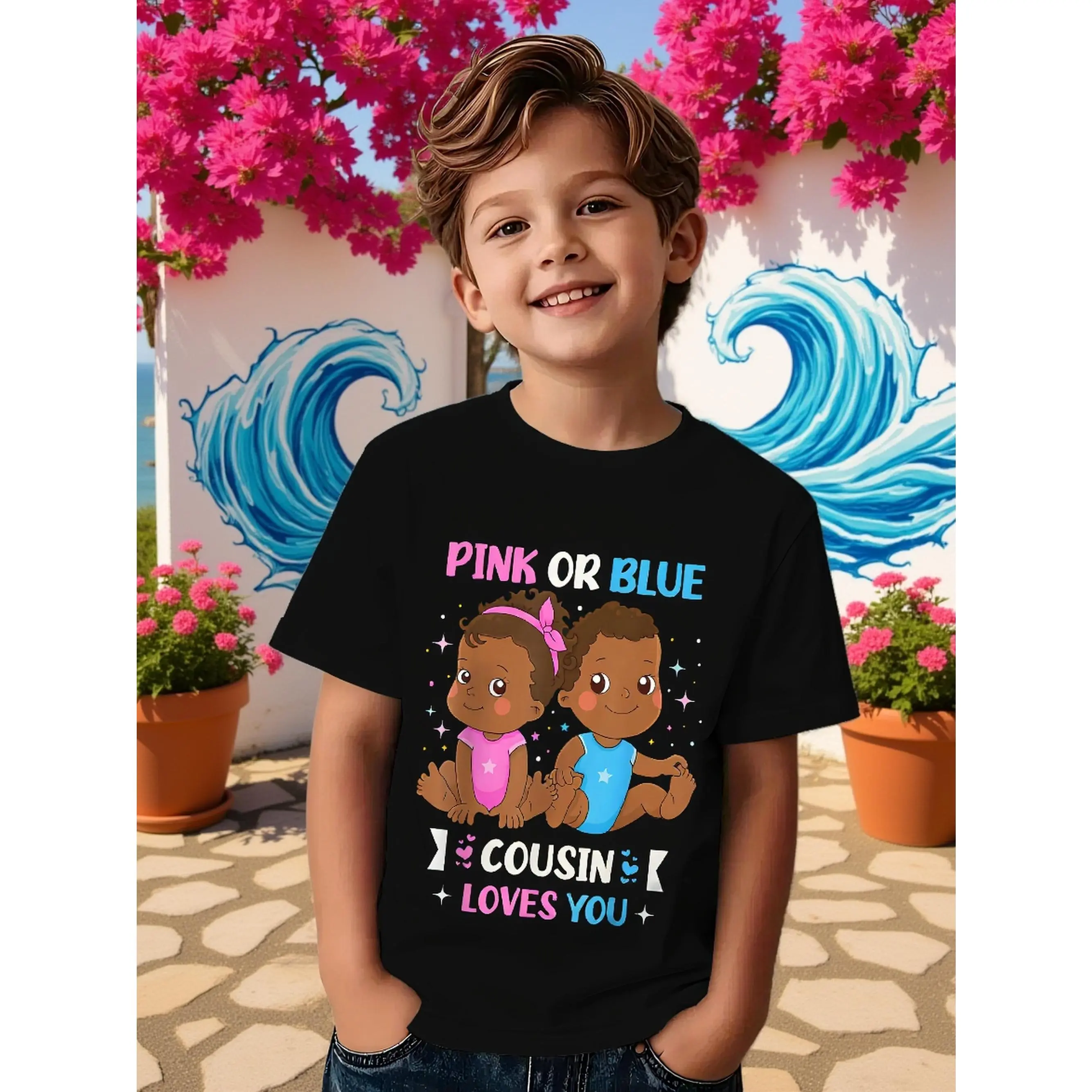 Gender Reveal Party Outfits - Adorable Cousin Birthday And Family Celebration T-Shirts Featuring a "Pink Or Blue, Love Your Cousin" Sibling Design. These Machine-Washable Crew Neck Tees Are Suitable for Boys And Girls