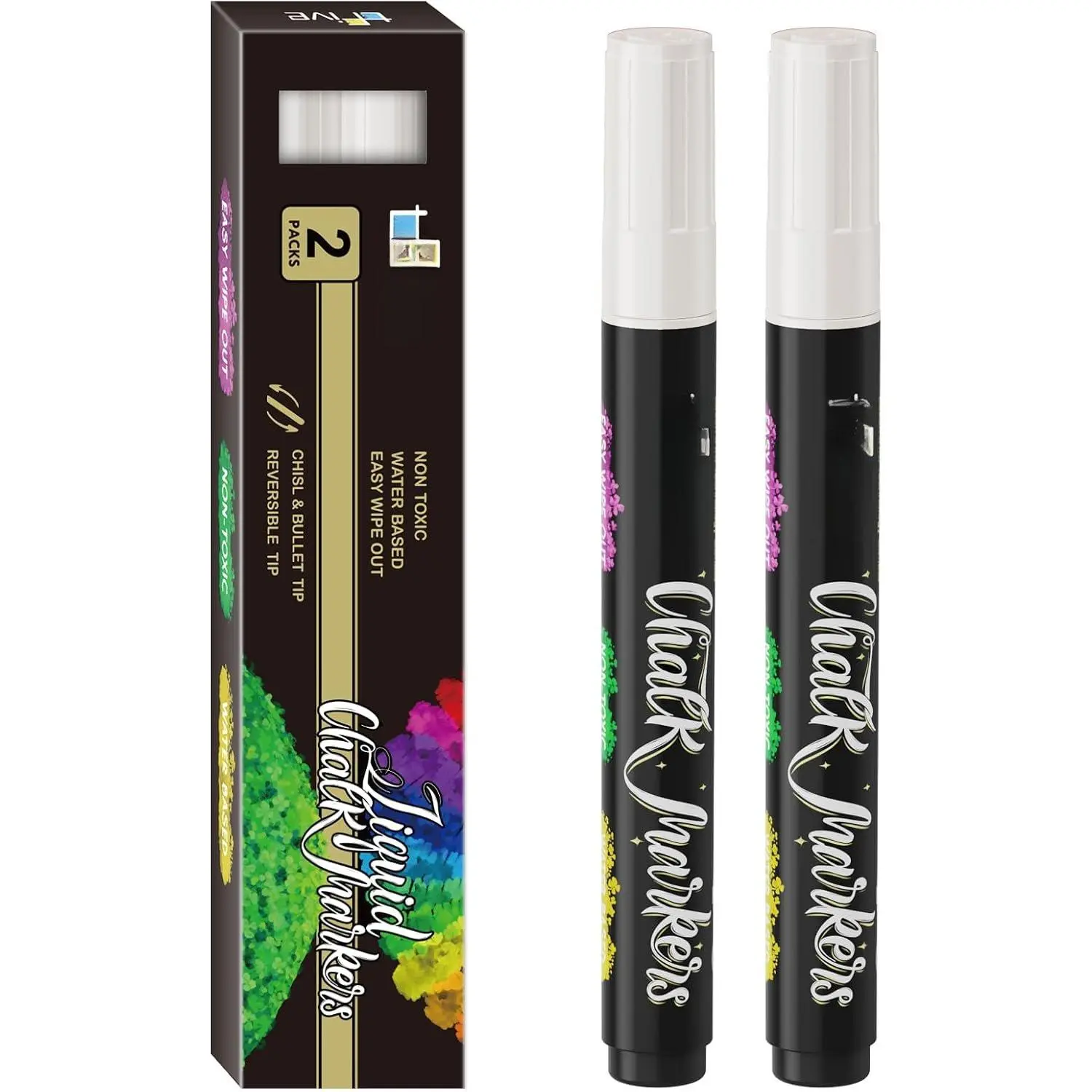 White Liquid Chalk Markers, 2 Pack Erasable Chalkboard Markers | Round & Chisel Reversible Tip, Bright Color, Non , Easy To Use, Chalk Marker for Blackboard, Sign, Window, Mirror, Glass