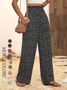 women's ditsy floral print shirred wide leg pants, casual boho frill trim high waist trousers for spring & fall, women's bottoms for daily wear, wide legged pants, baggy legged pants
