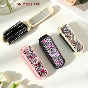 Foldable Comb with Leopard Print Butterfly Heart Design, Portable Travel Pocket Comb, Women's Hair Heatless Styling Brush, Perfect Gift for Holidays