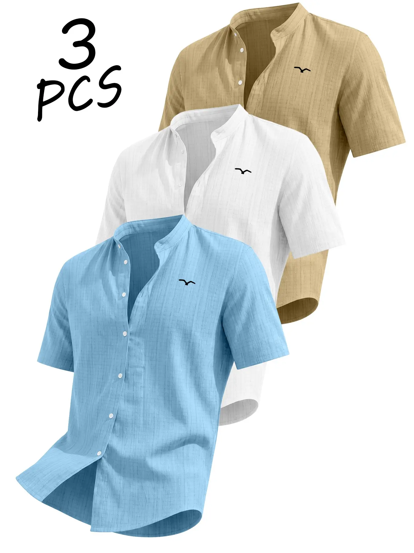 Men’s 3pcs Short Sleeve Mandarin Collar Shirt Set, Textured Button Down Tops, Minimal Bird Logo, Summer Casual Value Pack