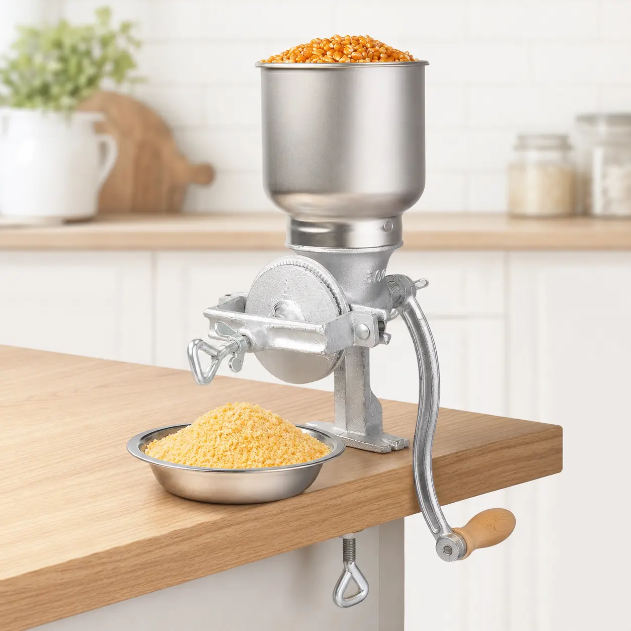 500 #   Manual Grain Mill, Aluminum Alloy Hand Crank Grain Grinder with Large Hopper, Adjustable Coarseness & Table Clamp for Corn, Wheat, Rice, Coffee Beans and Dry Grains, Silver