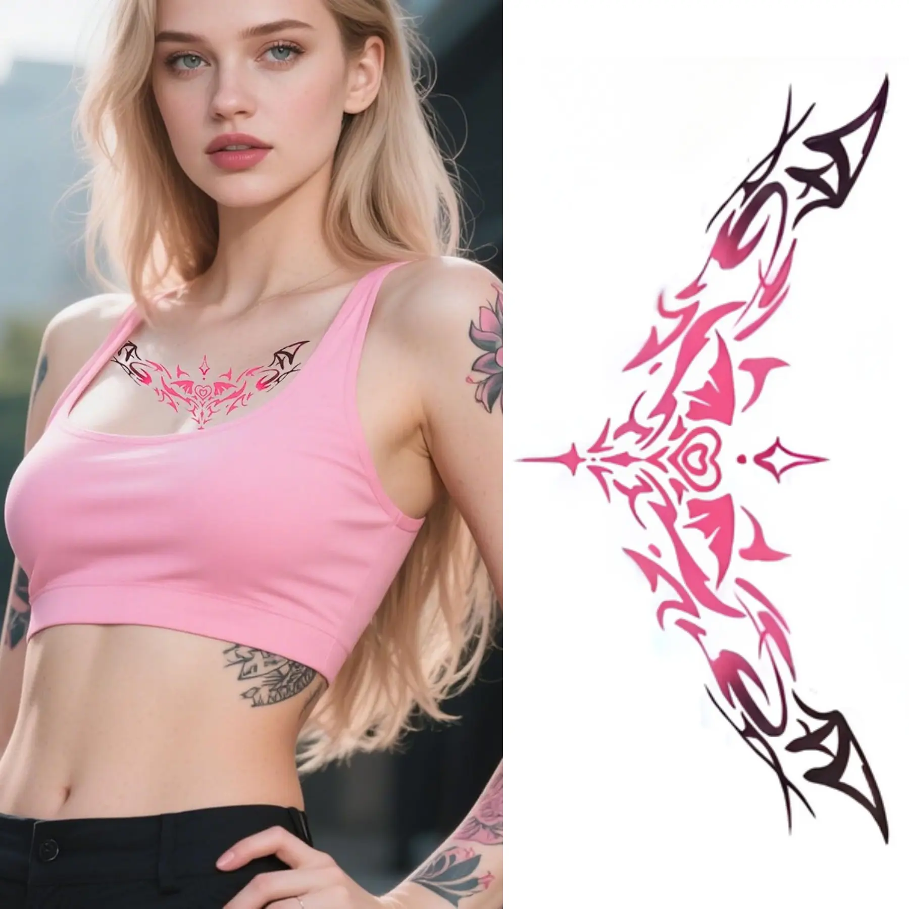20 Sheets Demon Heart Lower Belly Temporary Tattoo Stickers, Pink Gothic Bat Waist Tattoos Waterproof Long Lasting Body Art, Sexy Y2K Floral Pattern Temporary Tattoos for Women Party Cosplay