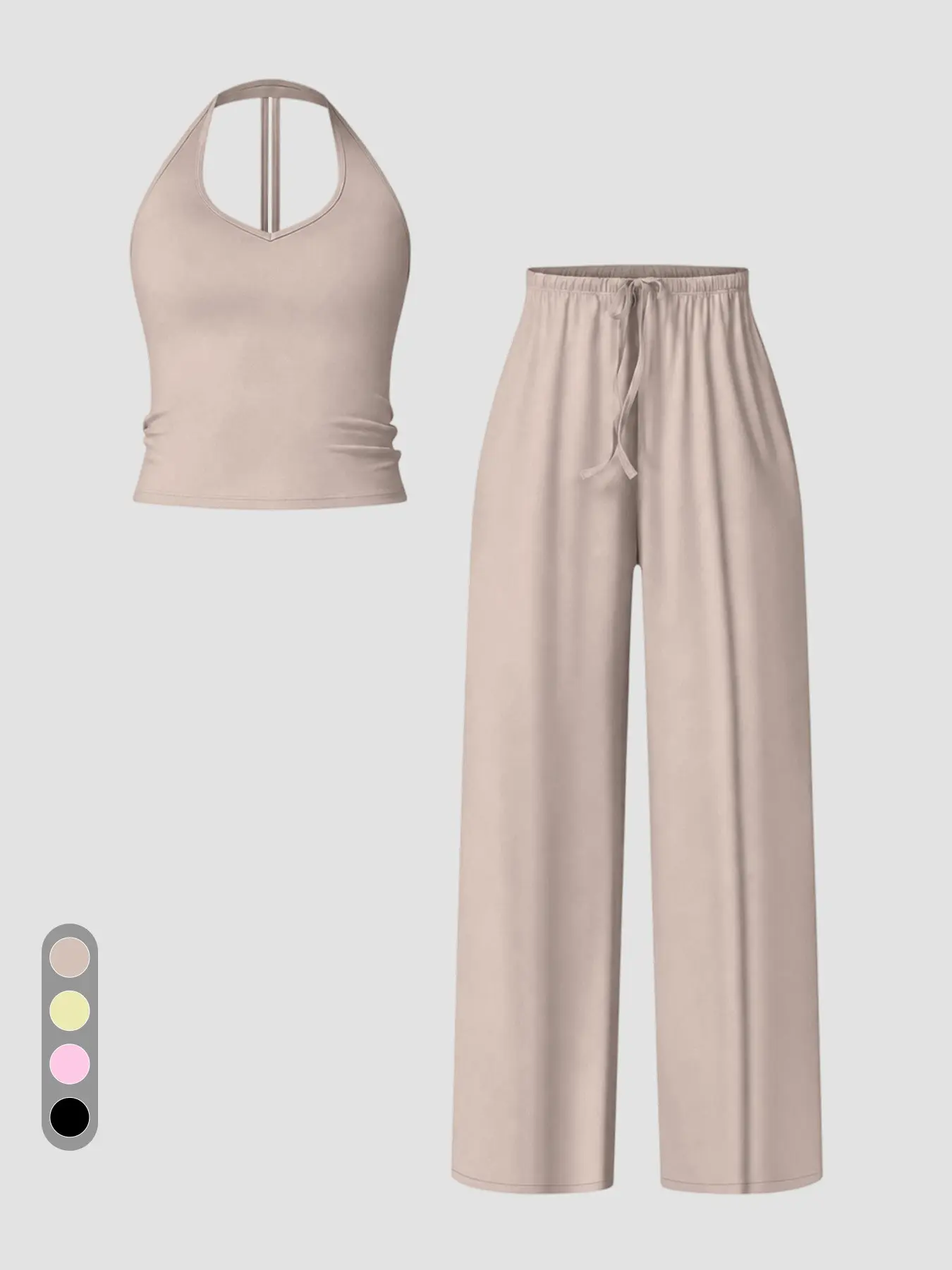 Womens Soft Basic Knit Loungewear Set Halter Neck Sleeveless Top and Wide Leg Pants Casual 2 Piece Matching Outfit for Home Vacation Clothes