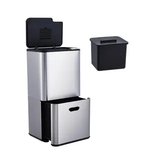 16 Gallon Dual Compartment Kitchen Trash Can, Stainless Steel Recycling & Garbage Bin Combo with Removable Inner Buckets, Compost Bin, Odor Control, Fingerprint-Proof, Pull-Out Waste