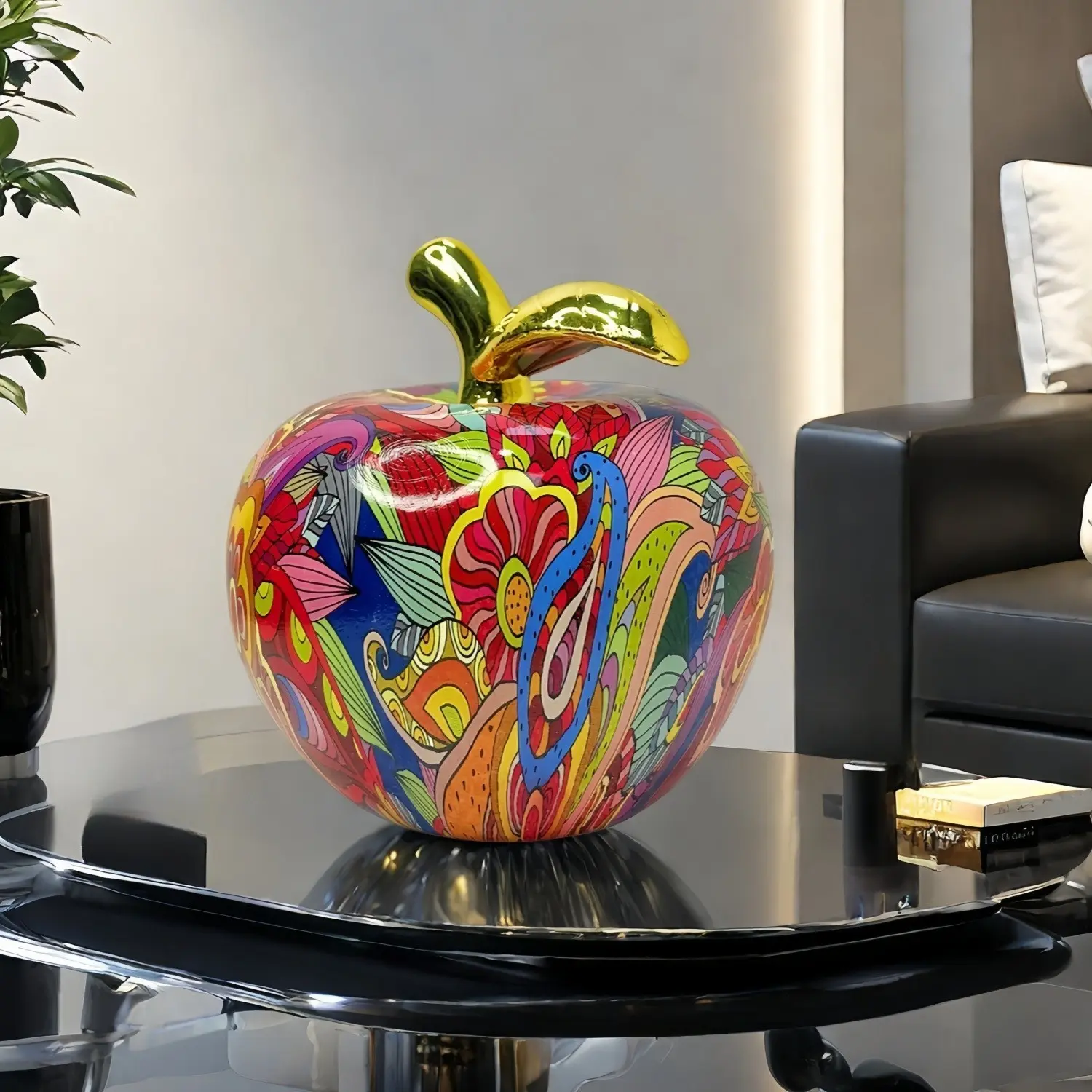Colorful Patterned Apple Ornament, Stem Resin Apple Craft, Modern Art Fruit Sculpture, Home Desktop Decor, Moving Gift
