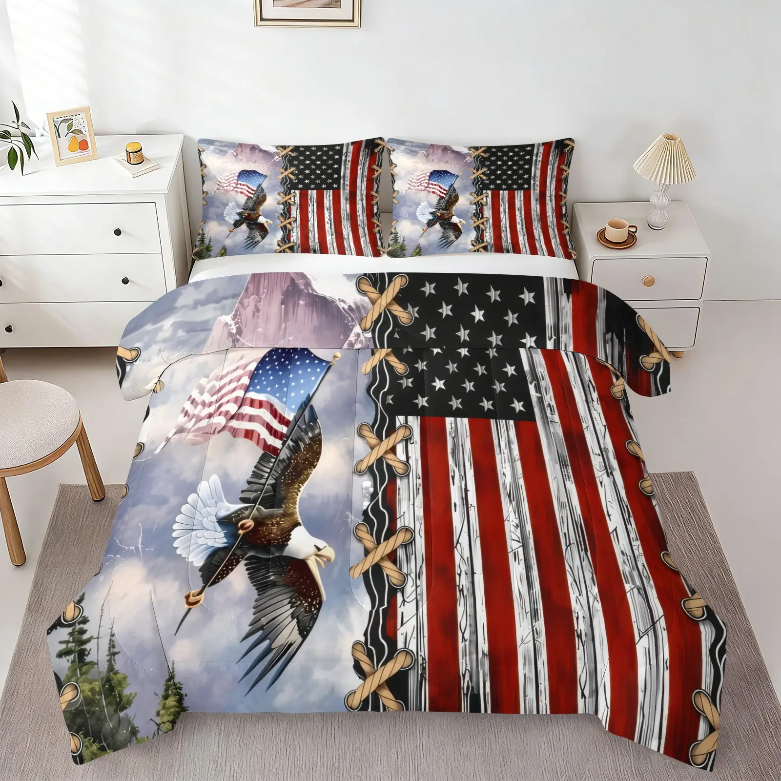 Retro Lace-up American Flag Bald Eagle Printed Comforter Set, 1 Quilt & 1/2 Pillowcase No Pillow Insert, Ultra Soft Lightweight Bedding Set, All Season Bed Cover, Patriotic Rustic Decor for Bedroom & Mountain Cabin