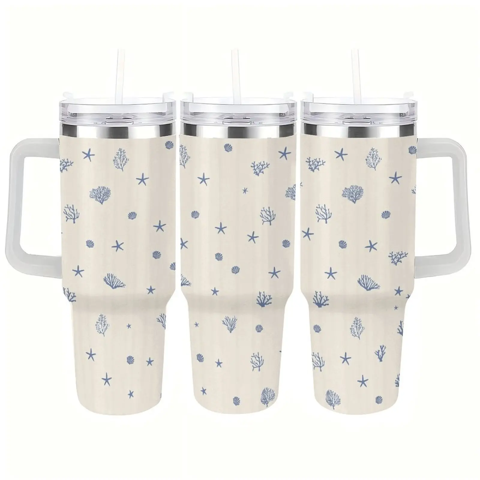 Cream Minimalist Light Blue Starfish Coral Seashell Insulated Stainless Steel Tumbler, Soft Neutral Coastal Cottagecore Nautical Travel Cup, Calming Beach Lover Gift For Surfer Girls Beach House Hostess Birthday Summer Vacation Galentine Lake Housewarming