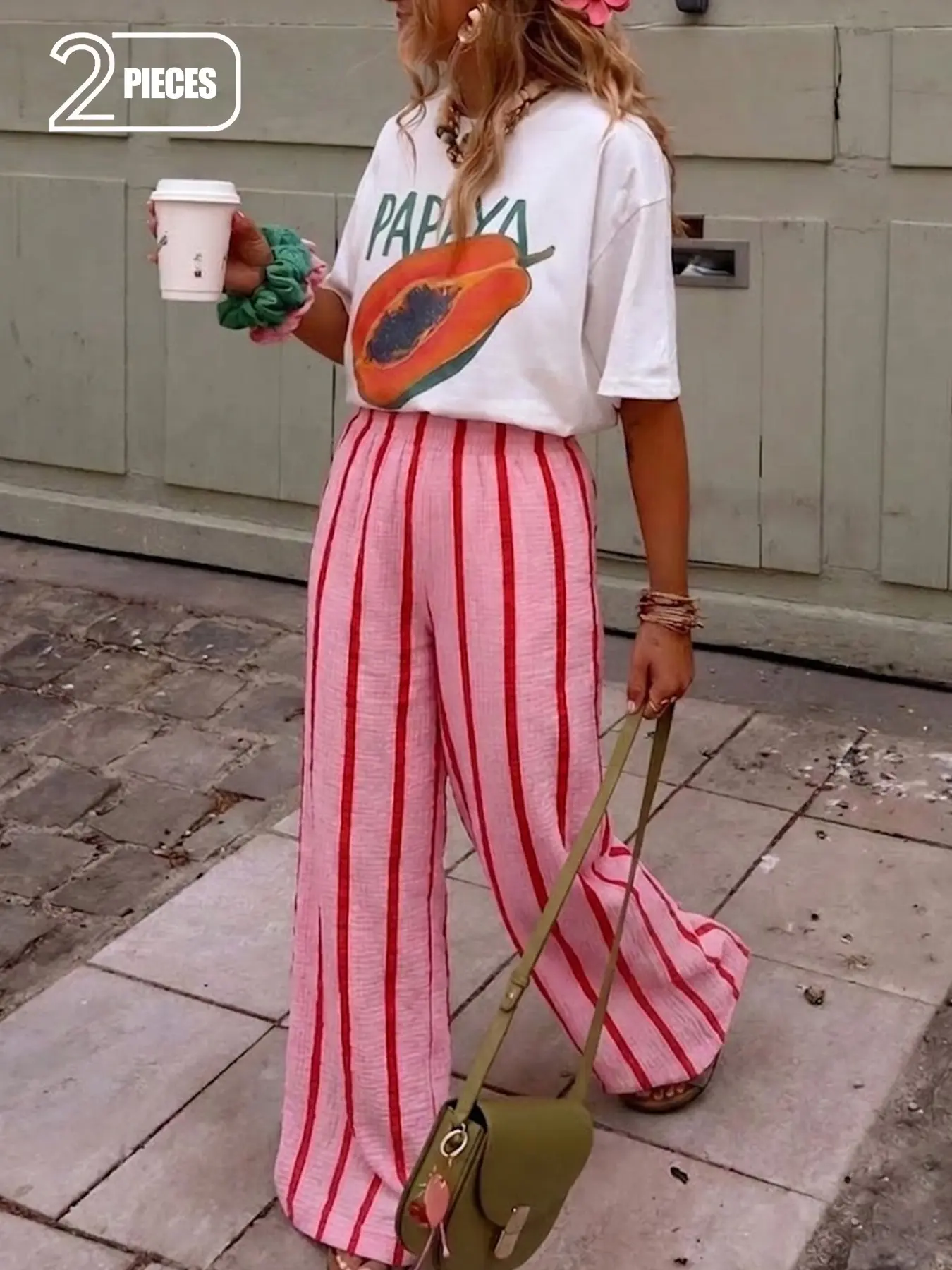 Papaya Print Tee + Striped Wide Leg Pants 2-Piece Loose Casual Outfit | Lightweight & Wrinkle-Resistant, The Effortless Boho Bohemian Summer Set Vibe For Vacation