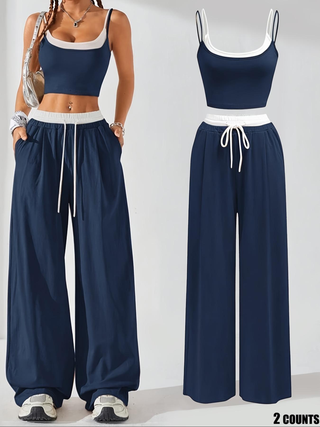 Two-Piece Set Women's Colorblock 2 in 1 Cami Top & Wide Leg Pants Set, Casual Sleeveless Top & Pocket Trousers, Ladies Summer Clothes, Casual Lounge Set, Stretchy Outfit Sets