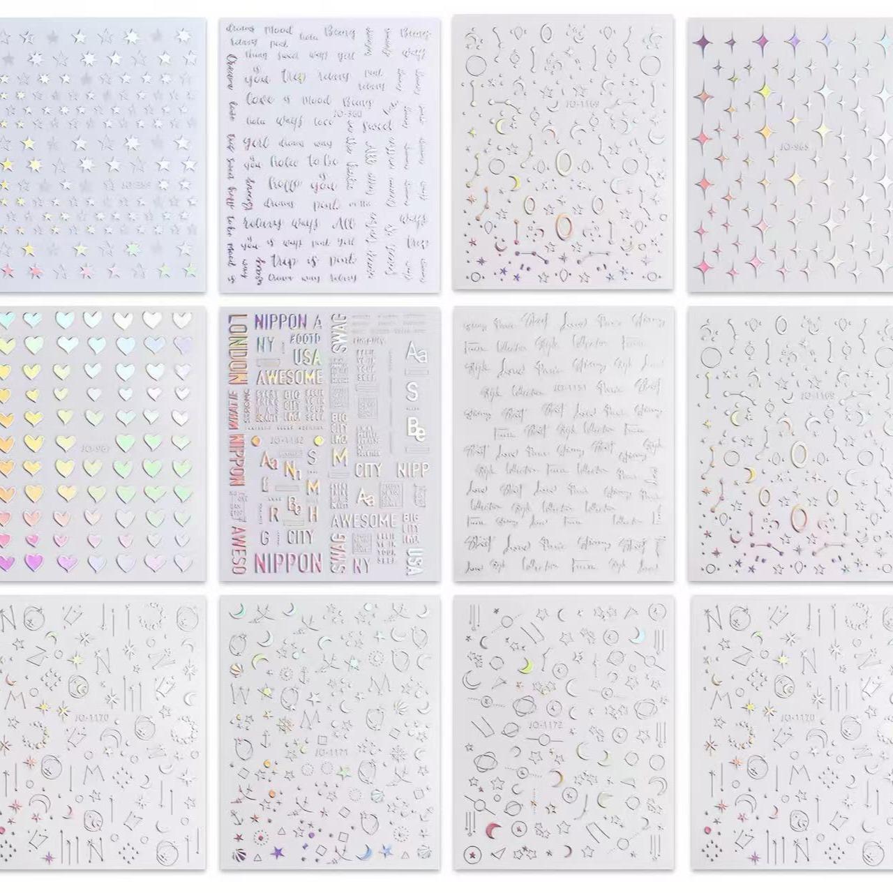 Aurora Nail Art Stickers Decals, 12pcs/bag Self-adhesive Nail Art Wraps, Glitter Star Heart Nail Supplies, Nail Art Design Decoration Accessories, Nail Art Sheet