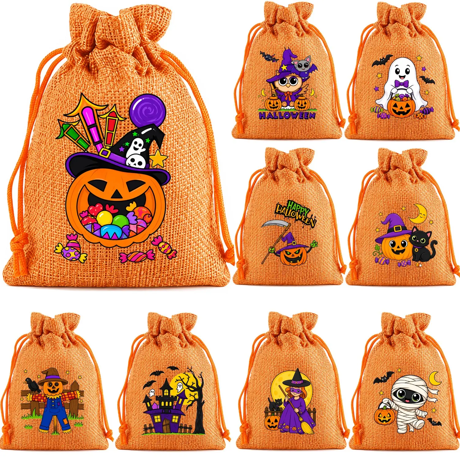 Halloween Drawstring Gift Bags Set of 9, 10x14cm Burlap Style, Pumpkin Ghost Witch Patterns, Party Gift Packaging Bags